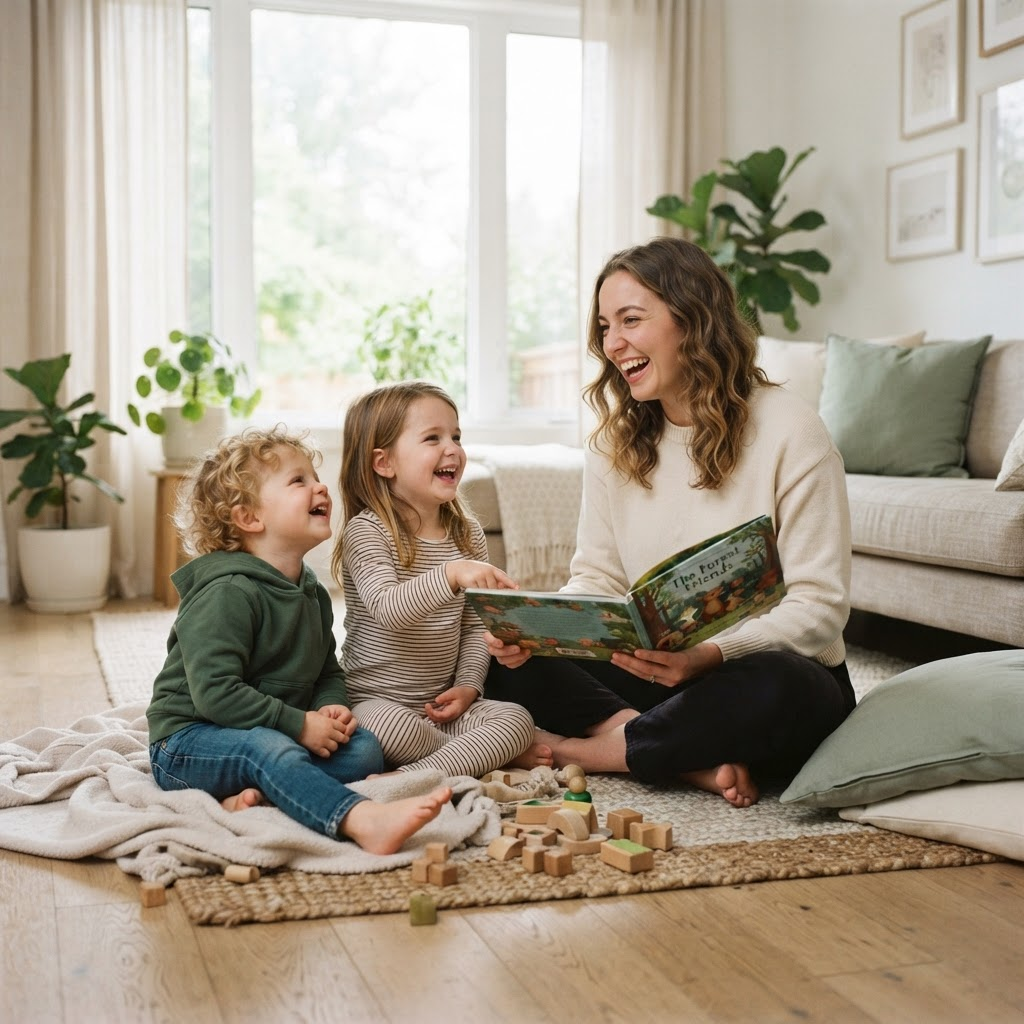 A nanny reading a picture book with two young children on the floor of a bright Calgary living room